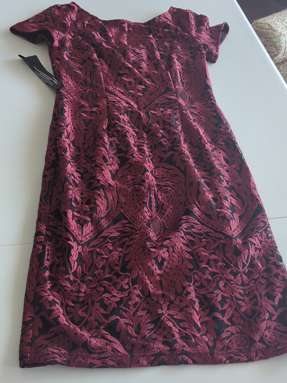JS Collections Burgundy Lace Overlay Sheath Dress